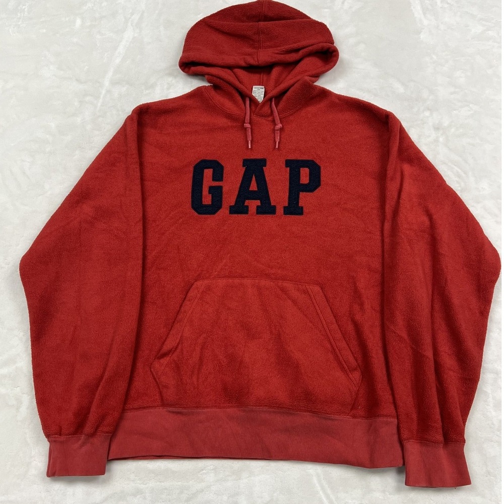 Gap Fleece Hoodie Mens Small Red Spellout Logo Pullover Sweatshirt RN54023
